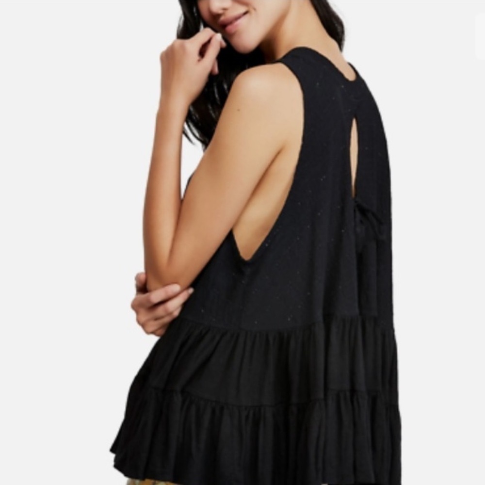New Free People Black Back Tie Cut-Out Babydoll Tunic Top S Oversized Boho - Picture 3 of 14